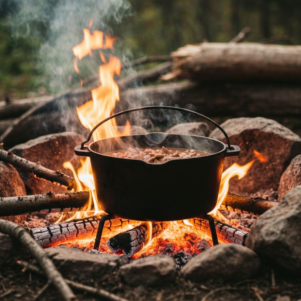 Lodge Dutch oven cooking over campfire
