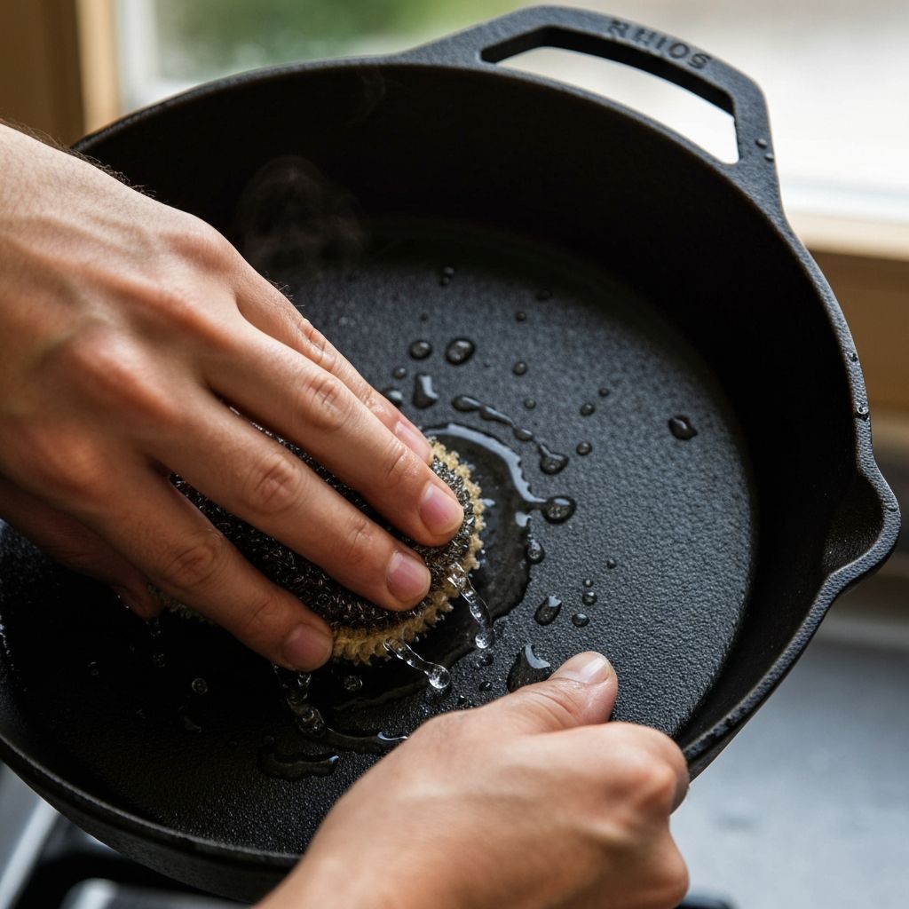 Washing Lodge cast iron skillet with warm water and scrubber
